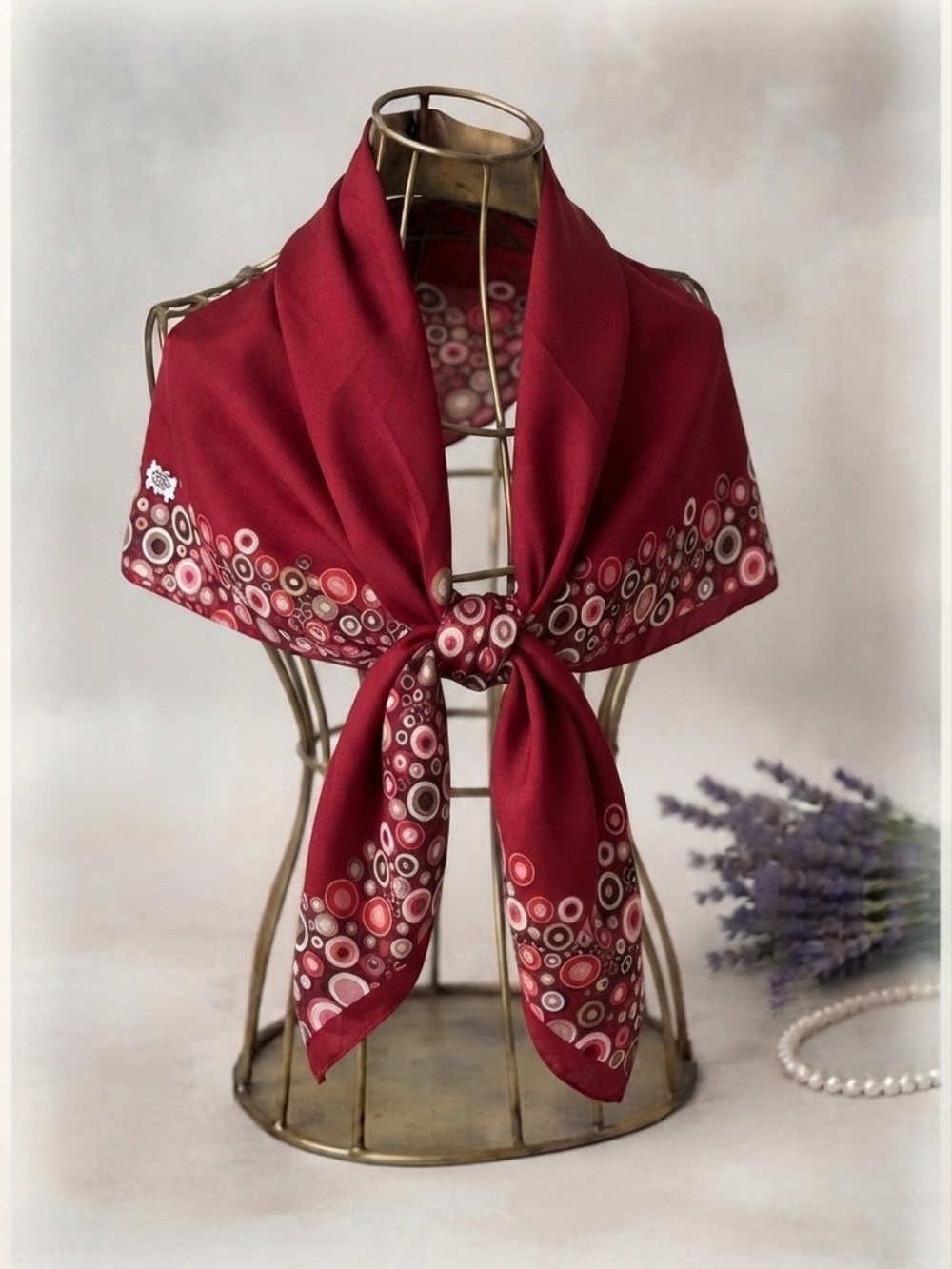 Nisa İpek Turkish Silk Large Square Scarf - Red Geometric Circles
